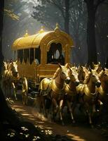caravan di d'oro carri passaggio attraverso il foresta illustrazione foto