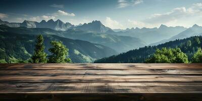 ai generato. ai generativo. di legno tavolo natura all'aperto foresta montagna natura paesaggio sfondo. grafico arte foto