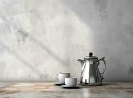 caffè tazza con un' moka pentola su stoffa struttura sfondo. creato con generativo ai tecnologia. foto