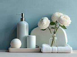 morbido leggero bagno arredamento nel menta colore, asciugamano, sapone distributore, bianca Rose fiori, Accessori su pastello menta sfondo. creato con generativo ai tecnologia. foto