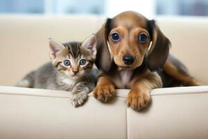 adorabile poco gattino e bassotto cucciolo su divano a casa, bassotto cucciolo e soriano gattino su un' bianca divano, ai generato foto