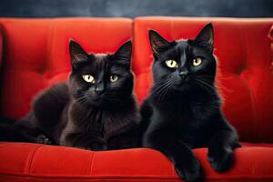 Due nero gatti seduta su rosso divano e guardare a il telecamera, carino rosso gatto e nero gatto dire bugie su divano, avvicinamento, ai generato foto