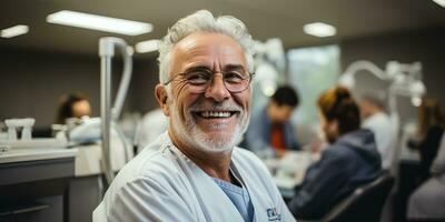 ai generato. ai generativo. adulto maschio uomo medico dentista viso ritratto a opera posto. Salute cura ospedale centro. grafico arte foto