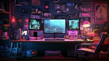 generativo ai, computer su il tavolo nel cyberpunk stile, nostalgico anni 80, anni 90. neon notte luci vivace colori, fotorealistico orizzontale illustrazione di il futuristico interno. tecnologia concetto. foto