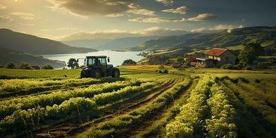 ai generato. ai generativo. trattore combinare macchina su campo prato raccogliere agricoltura campagna natura all'aperto. grafico arte foto