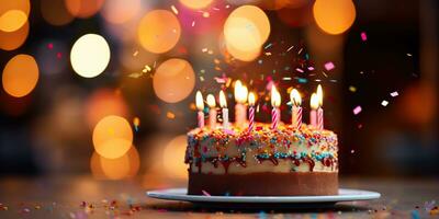 ai generato. ai generativo. compleanno festa torta torta mano fatto al forno dolce deserto con molti luminosa candele. contento divertimento vibrazione. grafico arte foto