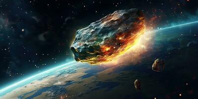 ai generato. ai generativo. galassia esterno spazio volante asteroide universo galassia Pericolo catastrofe. grafico arte foto