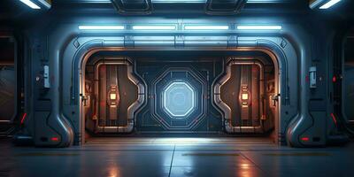 ai generato. ai generativo. futuristico spazio nave galassia alieno porta cancello Ingresso sci fi concetto neon interno architettura. grafico arte foto