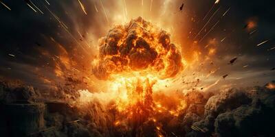 ai generato. ai generativo. nucleare atomico esplosione boom fungo fuoco fiamma Fumo apocalisse detonazione. grafico arte foto