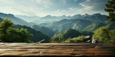 ai generato. ai generativo. di legno tavolo natura all'aperto foresta montagna natura paesaggio sfondo. grafico arte foto