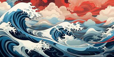 ai generato. ai generativo.vintage retrò vecchio stile disegnato dipingere mare oceano fiume acqua onde nel minimo giapponese stile. marino e nautico illustrazione. grafico arte foto
