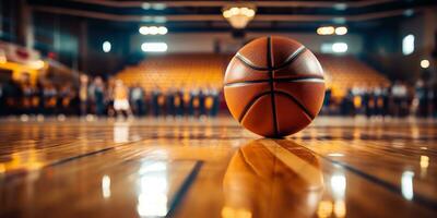 ai generato. ai generativo. pallacanestro gioco sport arena stadio Tribunale su riflettore con cestino palla su pavimento. grafico arte foto