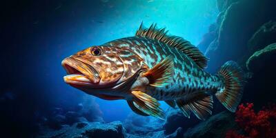 ai generato. ai generativo. realistico foto illustrazione di atlantico merluzzo pesce. pesca subacqueo selvaggio nautico mondo. grafico arte