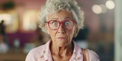 ai generato. ai generativo. vecchio donna insegnante nel bicchieri guardare a telecamera con pazzo divertimento ritratto viso. grafico arte foto