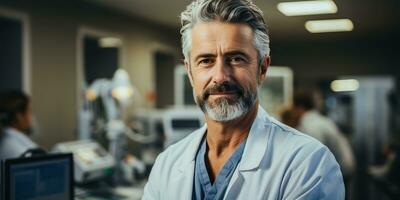 ai generato. ai generativo. adulto maschio uomo medico dentista viso ritratto a opera posto. Salute cura ospedale centro. grafico arte foto