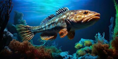 ai generato. ai generativo. realistico foto illustrazione di atlantico merluzzo pesce. pesca subacqueo selvaggio nautico mondo. grafico arte