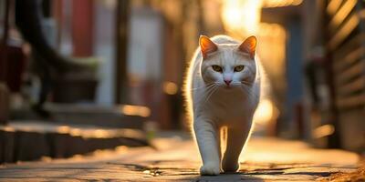 ai generato. ai generativo. uno solitario gatto animale domestico a piedi strada città urbano sfondo. grafico arte foto