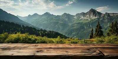 ai generato. ai generativo. di legno tavolo natura all'aperto foresta montagna natura paesaggio sfondo. grafico arte foto