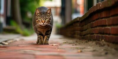 ai generato. ai generativo. uno solitario gatto animale domestico a piedi strada città urbano sfondo. grafico arte foto