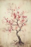 generativo ai, bellissimo giapponese sakura albero, acquerello la pittura, Vintage ▾ asiatico manifesto foto