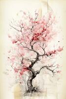 generativo ai, bellissimo giapponese sakura albero, acquerello la pittura, Vintage ▾ asiatico manifesto foto