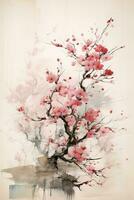 generativo ai, bellissimo giapponese sakura albero, acquerello la pittura, Vintage ▾ asiatico manifesto foto