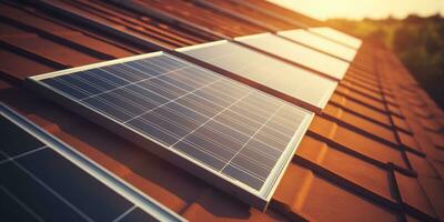generativo ai, solare pannelli su edificio tetto, pulito ecologico elettricità a tramonto, rinnovabile energia concetto foto
