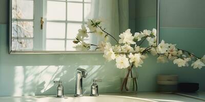 ai generato. ai generativo. bianca moderno minimo bianca lusso Lavello bagno cucina con specchio e pianta fiore. grafico arte foto