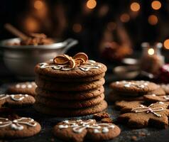 Natale fatti in casa Pan di zenzero biscotti su buio vacanza sfocato sfondo. commerciale promozionale foto ai generativo