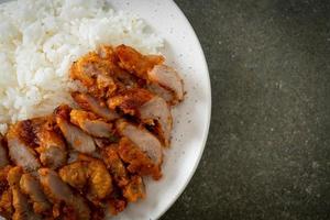 maiale fritto ricoperto di riso con salsa piccante foto