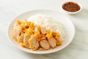 pollo fritto ricoperto di riso con salsa piccante