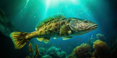 ai generato. ai generativo. realistico foto illustrazione di atlantico merluzzo pesce. pesca subacqueo selvaggio nautico mondo. grafico arte