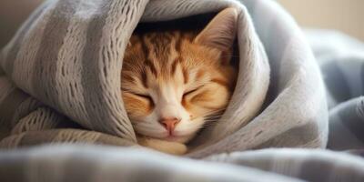 ai generato. ai generativo. accogliente divertente gatto addormentato sotto caldo lenzuolo. casa freddo sfondo. grafico arte foto