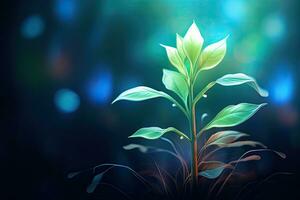 verde pianta su un' buio sfondo con bokeh. 3d rendering, digitale illustrazione di pianta nel colore sfondo con luci, ai generato foto