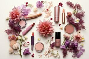 cosmetici e fiori su bianca sfondo, piatto posizione. spazio per testo, diverso trucco cosmetici e fiori su bianca sfondo. femmina Accessori, ai generato foto