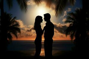 Gli amanti abbraccio, staglia contro un' tramonto con palma alberi ai generato foto