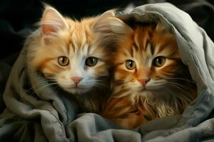 giocoso gattini modulo accattivante fascio, condivisione calore entro loro coperta santuario ai generato foto