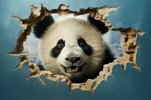 carino panda sbircia attraverso un' strappato parete, inquadratura vuoto spazio ai generato foto