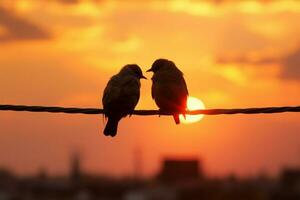 staglia uccello coppia trova amore su fili contro tramonti tela ai generato foto