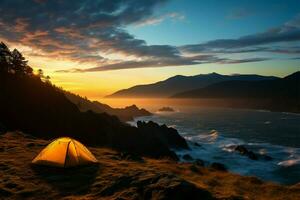su Oregon costa, un' dedito fotografo montatura sbalorditivo costiero panorami ai generato foto