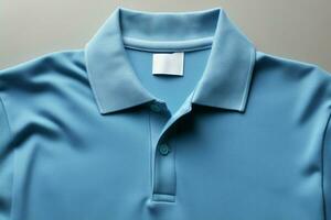 un' blu polo camicia con un' bianca etichetta su esso ai generato foto