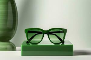 elegante verde occhiali da sole riposo su un' minimalista bianca piedistallo bloccare ai generato foto