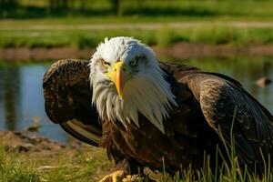 aquila catturato nel un' vicino su durante un' soleggiato giorno nel il campo ai generato foto