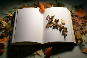 un' libro ha aperto per un' pagina con le foglie su esso ai generato foto