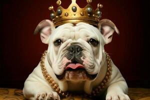 adorabile bulldog cucciolo, incoronato nel regale rosso, ruba cuori senza sforzo ai generato foto