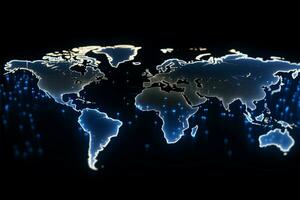 globalizzazione raffigurato. neon puntini intricatamente modulo mondo carta geografica con luminanza ai generato foto