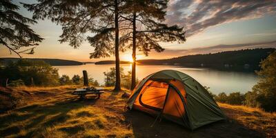 ai generato. ai generativo. campeggio rilassamento tempo tenda a lago bellissimo paesaggio sfondo. avventura vacanza rafting volta. grafico arte foto