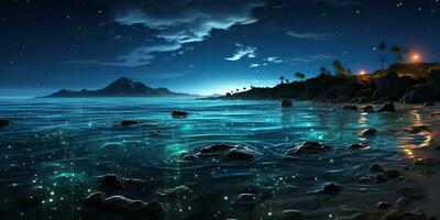 ai generato. ai generativo. notte raggiante leggero brillare plancton mare oceano sfondo. marino nautico vacanza isola. grafico arte foto