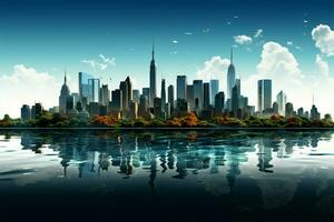 metropoli orizzonte e suo acquatico gemello brillare su mondo città giorno ai generato foto