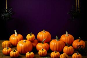 Halloween zucche riposo su rustico di legno superficie, evocando autunno fascino ai generato foto